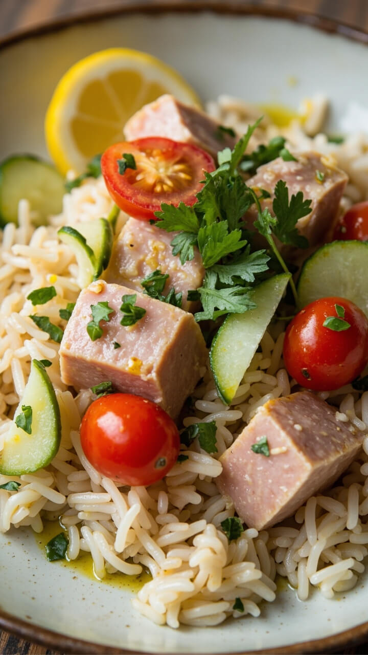 A deep plate of fluffy rice tossed with chunks of tuna, halved cherry tomatoes, sliced cucumber, chopped parsley, and a drizzle of vinaigrette, garnished with a lemon wedge. A deep plate of fluffy rice tossed with chunks of tuna, halved cherry tomatoes, sliced cucumber, chopped parsley, and a drizzle of vinaigrette, garnished with a lemon wedge.