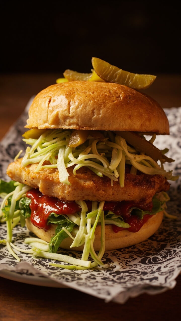 A golden fish fillet on a toasted brioche bun, layered with glossy, green slaw spilling over the sides. There’s a smear of spicy sauce under the fish, and a sprinkle of pickles on top. Plate rests on a patterned paper. A golden fish fillet on a toasted brioche bun, layered with glossy, green slaw spilling over the sides. There’s a smear of spicy sauce under the fish, and a sprinkle of pickles on top. Plate rests on a patterned paper.