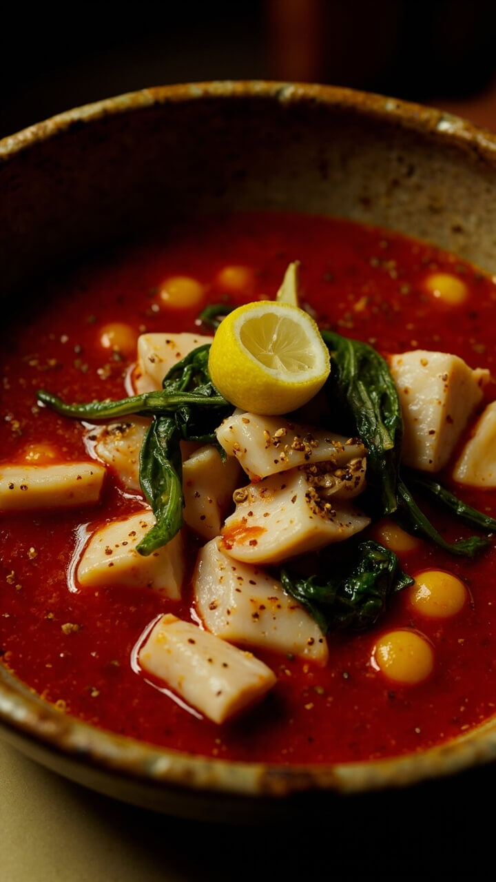 A shallow bowl showcasing a deep red tomato broth brimming with pieces of white fish, chickpeas, and wilted spinach, with a sprinkle of cumin seeds and a lemon wedge on the rim. A shallow bowl showcasing a deep red tomato broth brimming with pieces of white fish, chickpeas, and wilted spinach, with a sprinkle of cumin seeds and a lemon wedge on the rim.