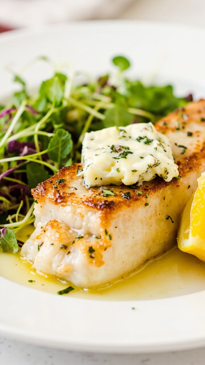 Seared cod fillets with crisp golden edges, topped with melting pats of garlic-herb butter. The fish sits on a white plate with a handful of microgreens, and a wedge of lemon rests on the side.