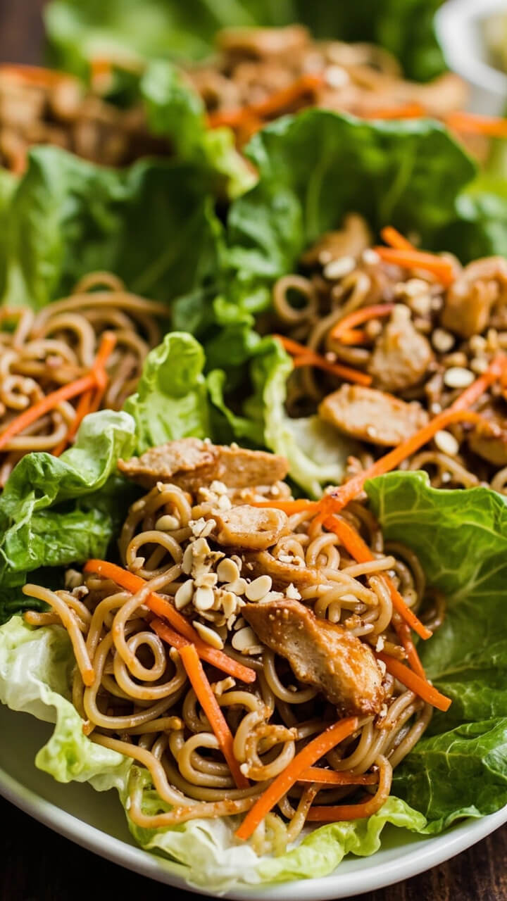 Large romaine or butter lettuce leaves filled with tangles of cooked ramen noodles and chicken tossed in savory soy sauce, topped with matchstick carrots and chopped peanuts. All arranged on a simple platter, ready to grab. Large romaine or butter lettuce leaves filled with tangles of cooked ramen noodles and chicken tossed in savory soy sauce, topped with matchstick carrots and chopped peanuts. All arranged on a simple platter, ready to grab.