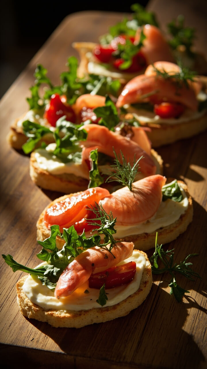 Oblong flatbreads topped with a layer of lemon crème, pink langostino tails, roasted red peppers, arugula, and a sprinkle of dill, sliced on a wooden board.