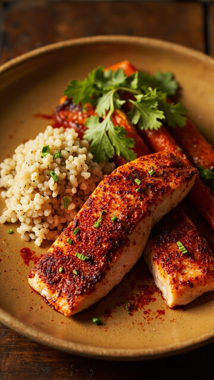 Salmon fillets dusted with deep red-orange Moroccan spice, on a large tan plate with a scoop of couscous, roasted carrot sticks, and a pinch of fresh cilantro. Salmon fillets dusted with deep red-orange Moroccan spice, on a large tan plate with a scoop of couscous, roasted carrot sticks, and a pinch of fresh cilantro.