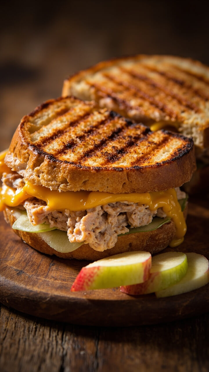 A golden-brown panini with grill marks, gooey cheddar and tuna visible at the cut edge, thin apple slices peeking through, served halved on a small wood board with extra apple slices. A golden-brown panini with grill marks, gooey cheddar and tuna visible at the cut edge, thin apple slices peeking through, served halved on a small wood board with extra apple slices.