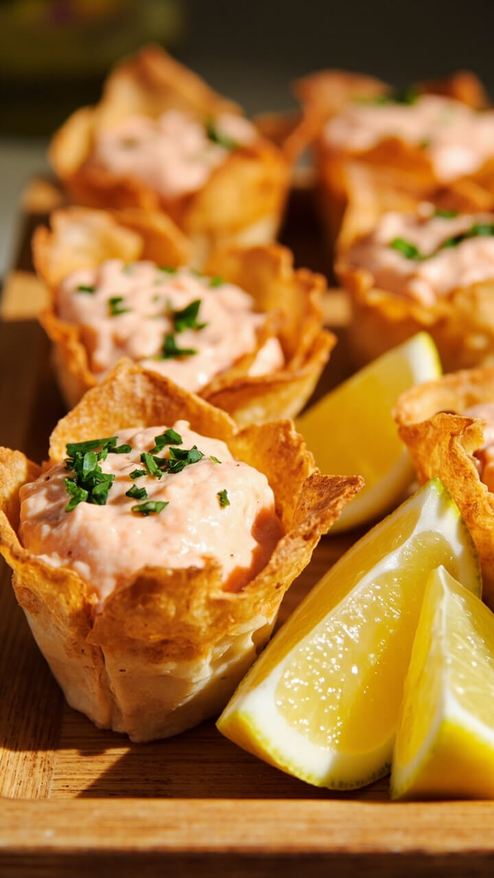 Crispy golden phyllo cups clustered on a wooden tray, each overflowing with pale pink salmon dip, sprinkled with chopped parsley, next to lemon wedges. Crispy golden phyllo cups clustered on a wooden tray, each overflowing with pale pink salmon dip, sprinkled with chopped parsley, next to lemon wedges.