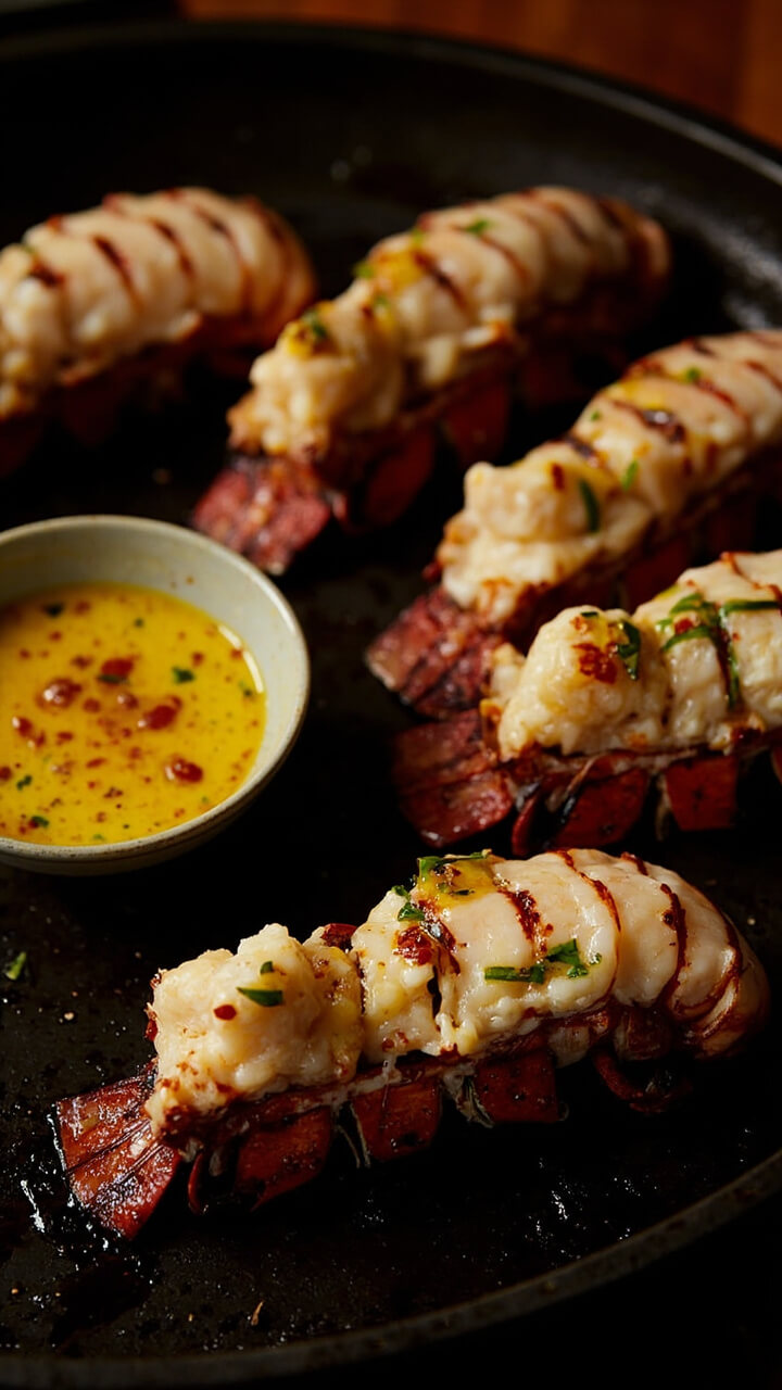 Charred lobster tails, split and arranged on a dark grill pan, with a bowl of melted garlic chili butter beside, each tail brushed with flecks of red pepper flakes and parsley. Charred lobster tails, split and arranged on a dark grill pan, with a bowl of melted garlic chili butter beside, each tail brushed with flecks of red pepper flakes and parsley.