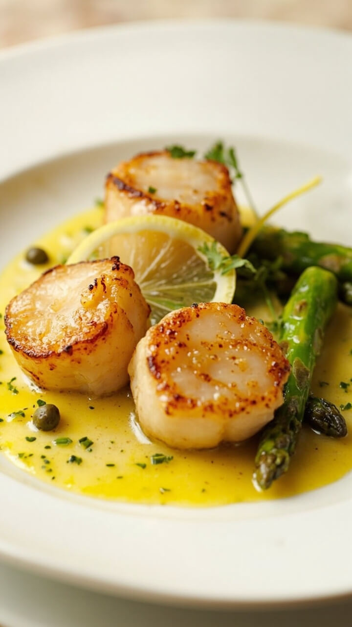 Pan-seared scallops atop a pool of lemony caper sauce on a white dinner plate, garnished with thin lemon slices and chopped parsley, with roasted asparagus spears on the side.