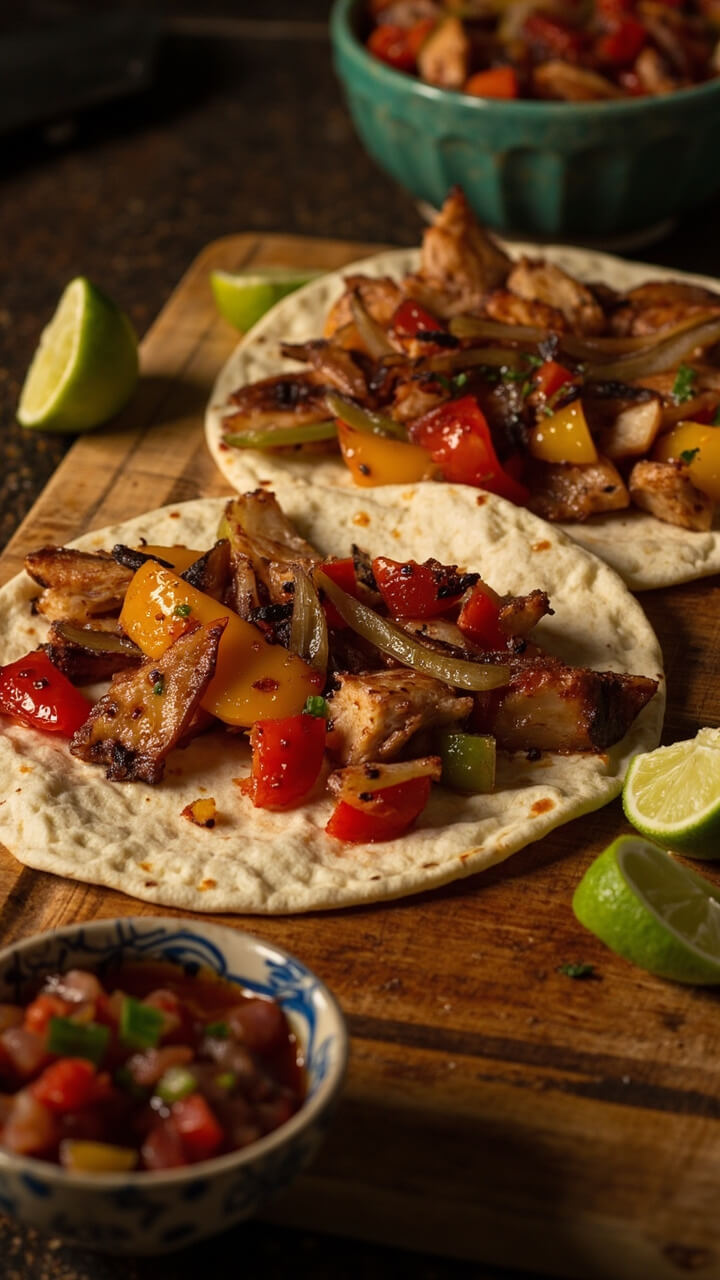 Strips of catfish, bell peppers, and onions roasted together, laid along flour tortillas on a wooden cutting board, with lime wedges and a bowl of salsa nearby. Strips of catfish, bell peppers, and onions roasted together, laid along flour tortillas on a wooden cutting board, with lime wedges and a bowl of salsa nearby.
