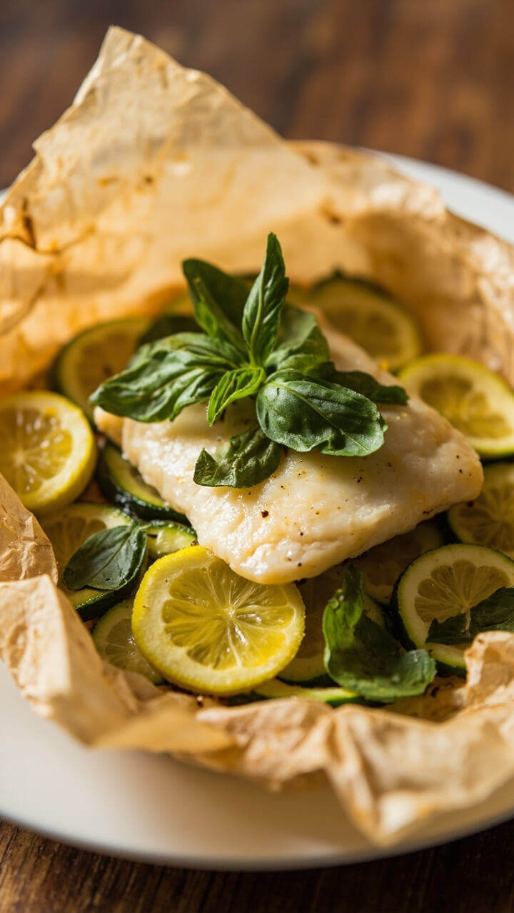 Parchment packet opened on a plate, revealing cod fillet on a bed of thin zucchini slices, topped with lemon rounds and fresh basil leaves. Edges of parchment slightly browned from the bake.