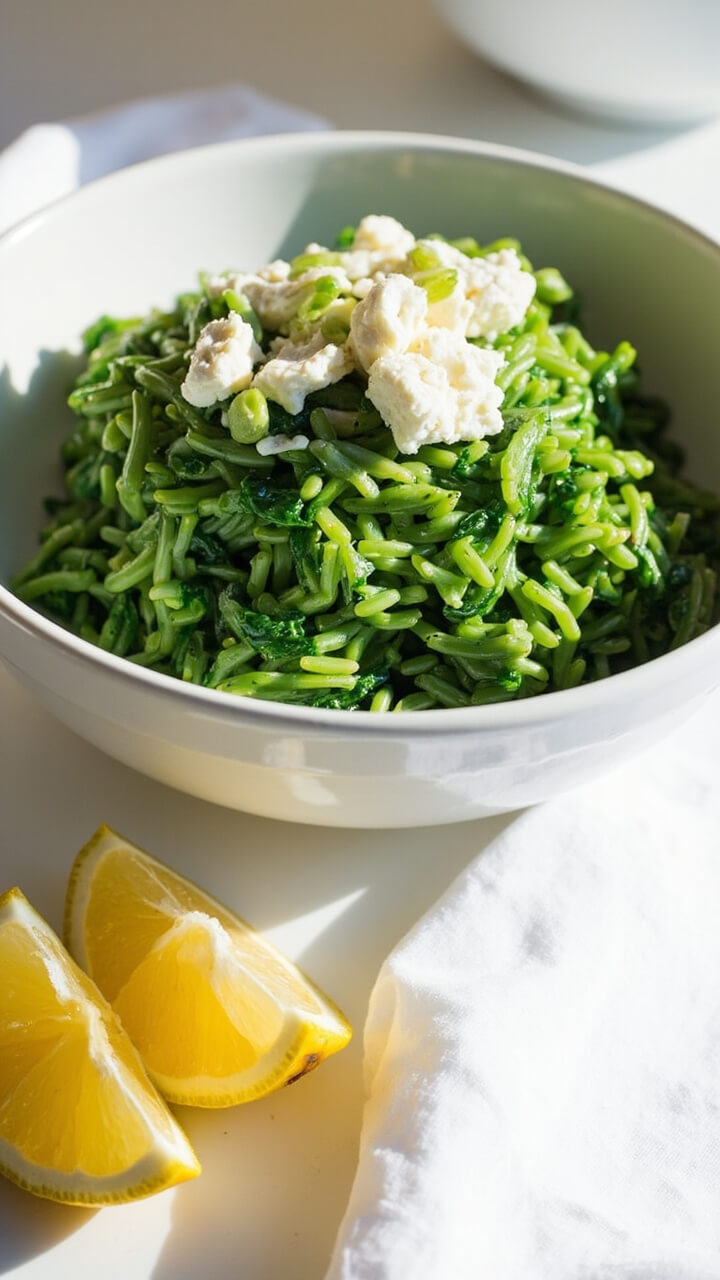 A mound of bright green spinach rice in a white bowl, with visible flecks of spinach and a sprinkle of feta cheese, served alongside lemon wedges and a stark white napkin. A mound of bright green spinach rice in a white bowl, with visible flecks of spinach and a sprinkle of feta cheese, served alongside lemon wedges and a stark white napkin.