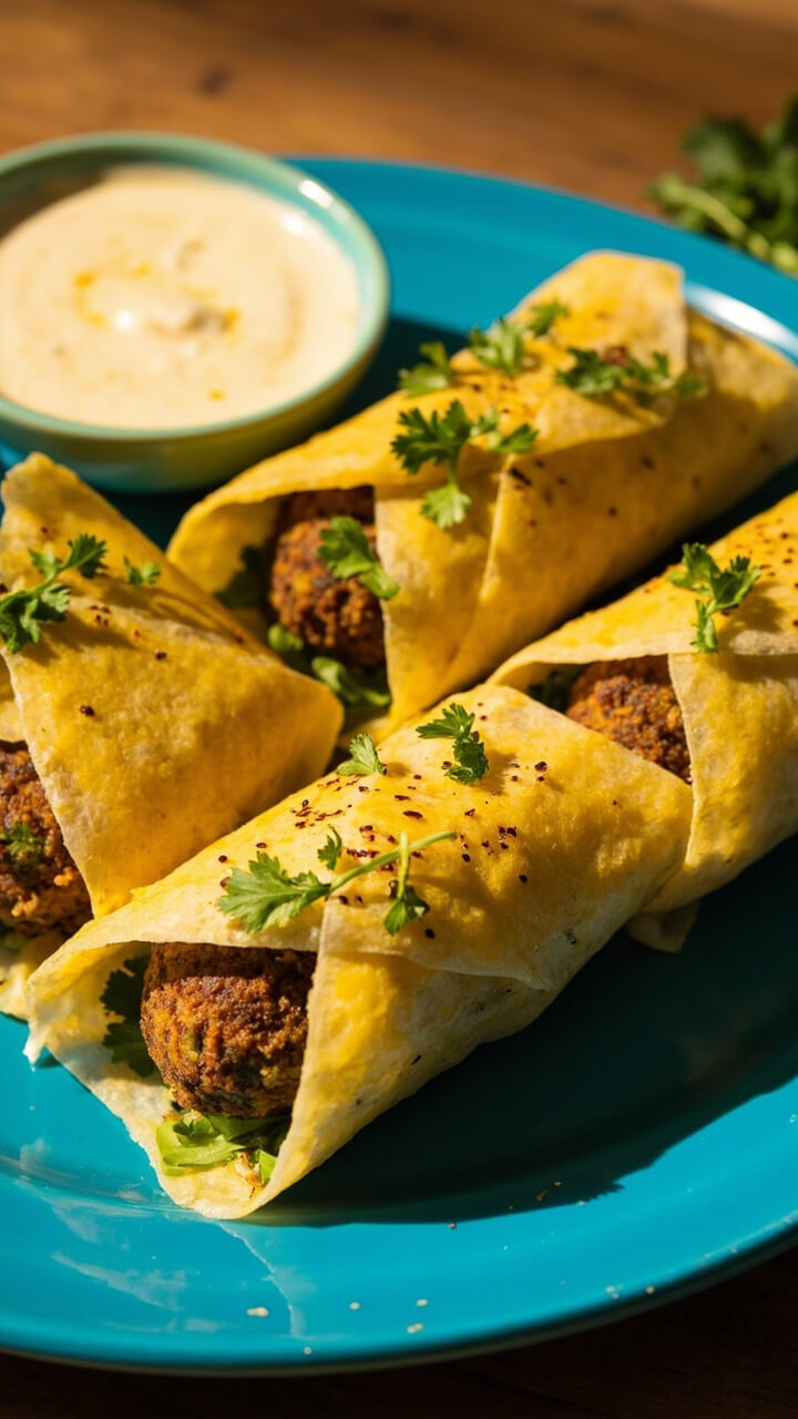 Four golden, rectangular rice paper wraps with plump chickpea falafel filling are arranged on a blue plate beside a bowl of lemon-tahini sauce. Chopped parsley is scattered on top.