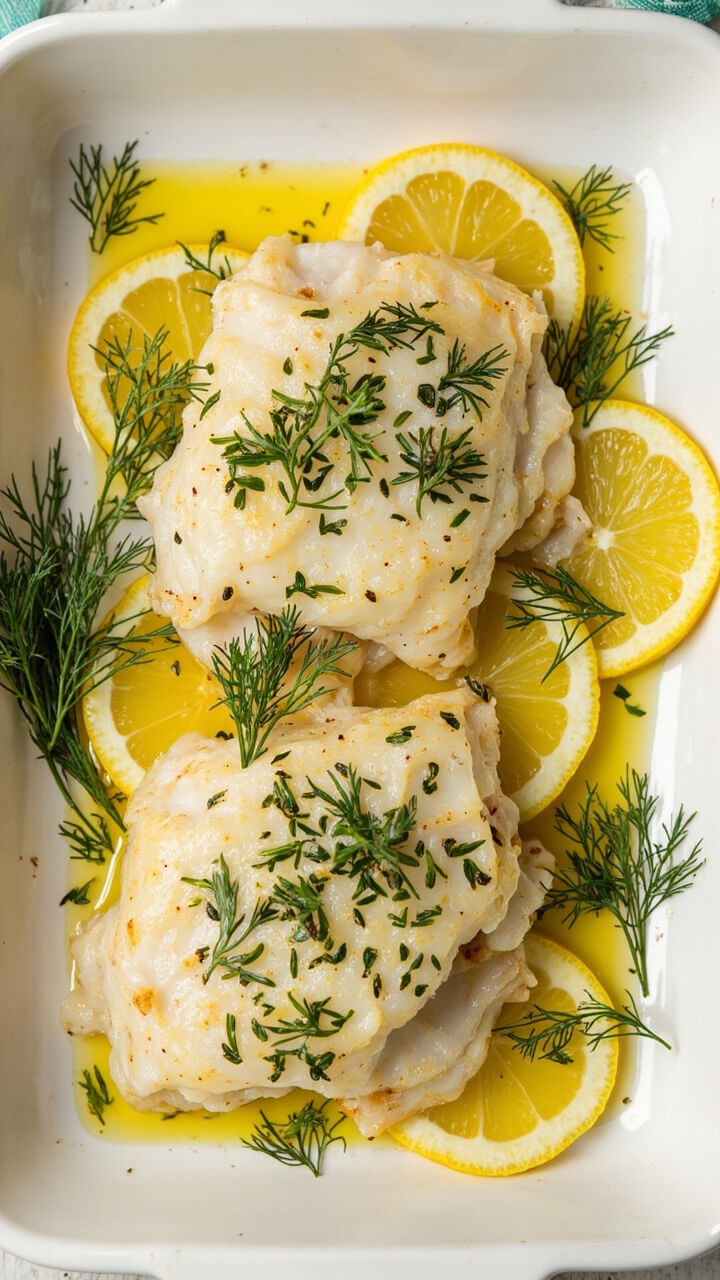Oven-baked cod fillets on a white ceramic platter, topped with a shower of chopped parsley and dill. Lemon slices tucked around the fish, a light drizzle of olive oil over the top, and a few extra herb leaves for a fresh finish. The cod is flaky and tender, lifted with a spatula, with steam rising.