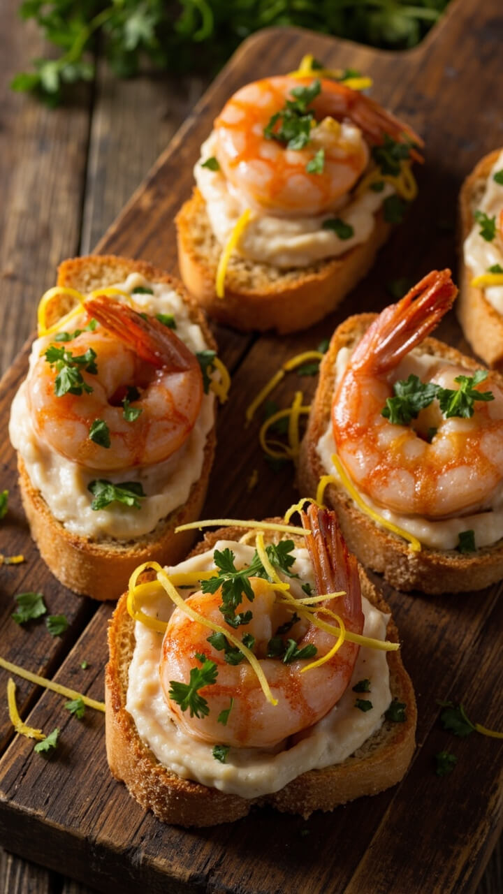 Toasted crostini slices spread with white bean puree, topped with sautéed shrimp and scattered with chopped parsley and lemon zest, all on a rustic wooden board. Toasted crostini slices spread with white bean puree, topped with sautéed shrimp and scattered with chopped parsley and lemon zest, all on a rustic wooden board.