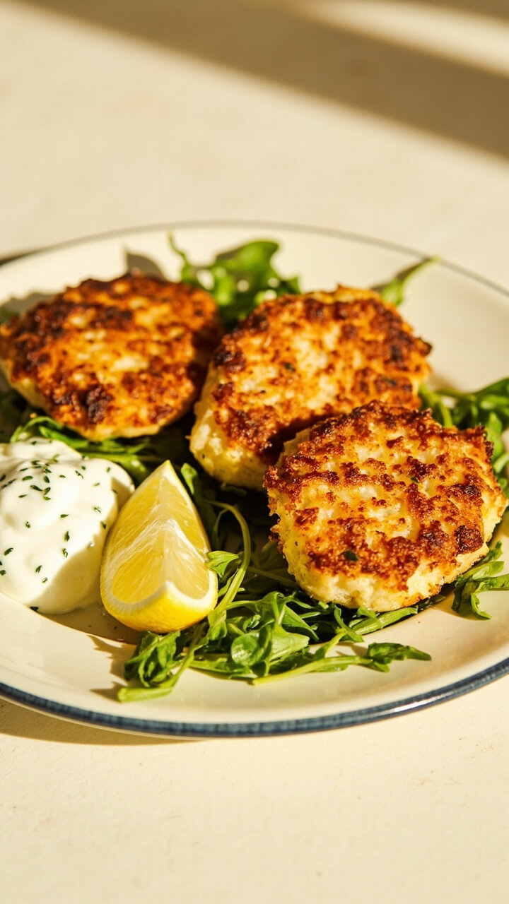 Three golden-brown fish cakes on a small plate, topped with a dollop of yogurt-dill sauce, fresh lemon wedge, and a handful of arugula leaves sprinkled alongside.