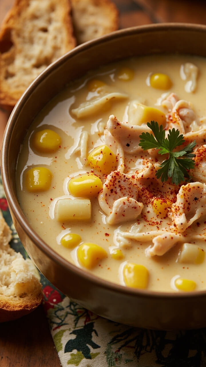A wide soup bowl filled with creamy chowder, thick with visible corn kernels, potato cubes, and shredded crab meat. Chopped parsley and paprika lightly dust the top. There’s a torn piece of baguette on a holiday napkin to the side. A wide soup bowl filled with creamy chowder, thick with visible corn kernels, potato cubes, and shredded crab meat. Chopped parsley and paprika lightly dust the top. There’s a torn piece of baguette on a holiday napkin to the side.