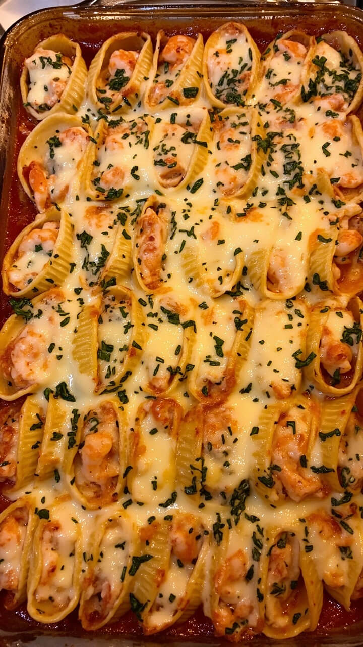 A baking dish with jumbo pasta shells tucked close, filled with ricotta, wilted spinach, and shrimp, all covered in marinara and melted mozzarella, parsley scattered over the top.