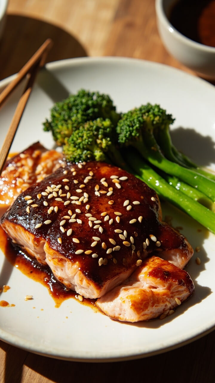 Salmon fillets lacquered in deep brown ginger-soy glaze, laid on a white dinner plate alongside bright green steamed broccoli and a sprinkle of sesame seeds. A little bowl of extra sauce sits nearby, with a pair of chopsticks for serving.