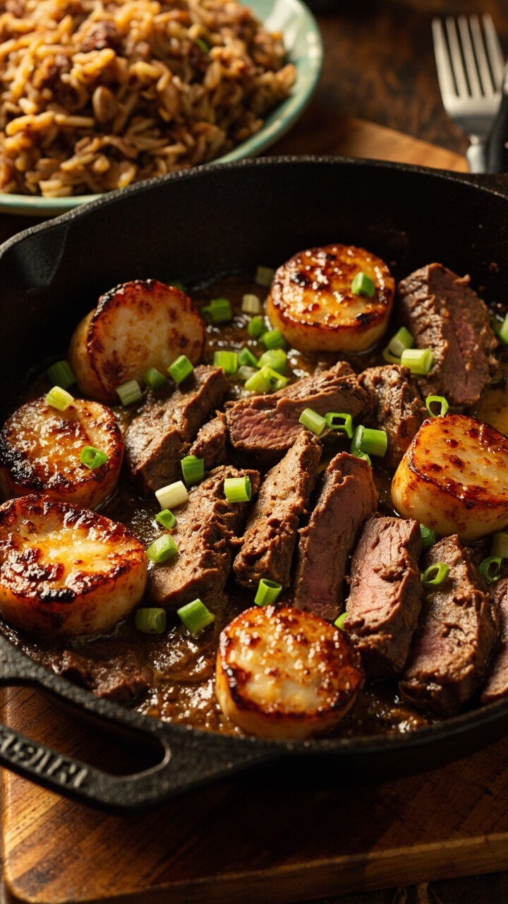 A cast-iron skillet with sliced Cajun-spiced steak and seared scallops nestled on top, sprinkled with diced green onions and served with dirty rice on the side. A cast-iron skillet with sliced Cajun-spiced steak and seared scallops nestled on top, sprinkled with diced green onions and served with dirty rice on the side.