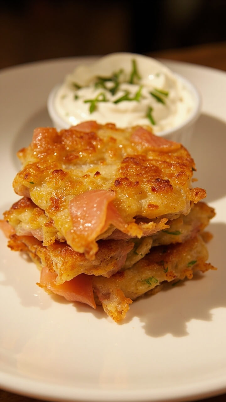 Golden brown potato cakes with flecks of pink smoked salmon, stacked on a plate, accompanied by a bowl of herbed sour cream.