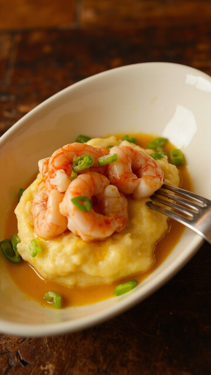 A shallow white bowl with a creamy mound of yellow grits, topped with pink shrimp in a rich, buttery sauce. A scatter of sliced green onions across the top adds color. A fork rests on the edge of the bowl.