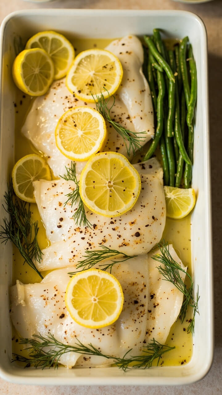Baked tilapia fillets on a rectangular white baking dish, glistening with lemon slices, sprigs of fresh dill, and cracked black pepper. Steamed green beans arranged in a tidy row, lemon wedges off to the side. Baked tilapia fillets on a rectangular white baking dish, glistening with lemon slices, sprigs of fresh dill, and cracked black pepper. Steamed green beans arranged in a tidy row, lemon wedges off to the side.