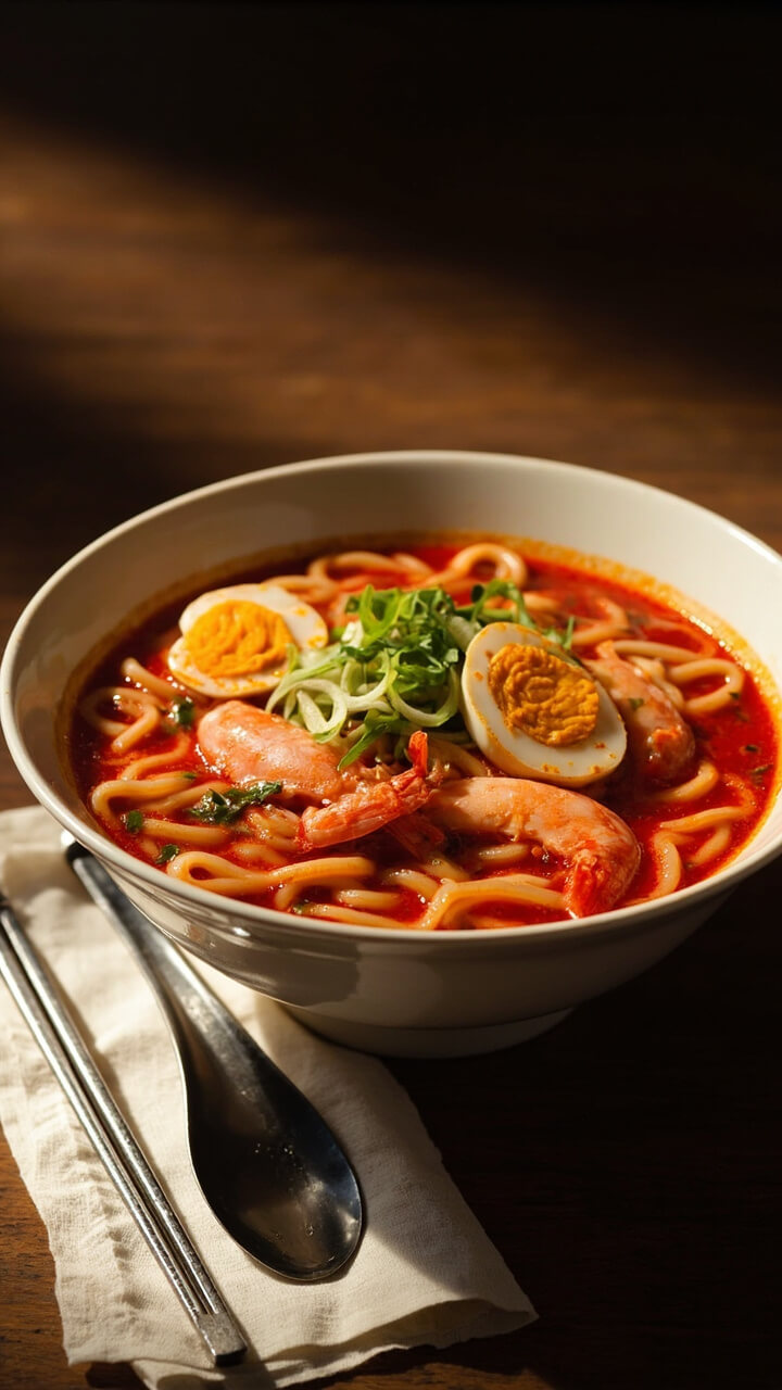 A deep bowl with wavy ramen noodles submerged in a red-tinged broth, topped with pink shrimp, halves of soft boiled eggs, sliced scallions, and a drizzle of chili oil. A soup spoon and chopsticks rest on a linen napkin.