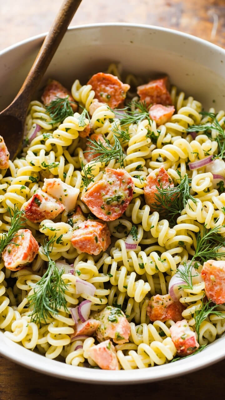 Short pasta spirals tossed with chunks of lobster meat, chopped red onion, fresh dill, and parsley, all glistening with a bright green herb vinaigrette, served in a large white serving bowl with a wooden spoon.