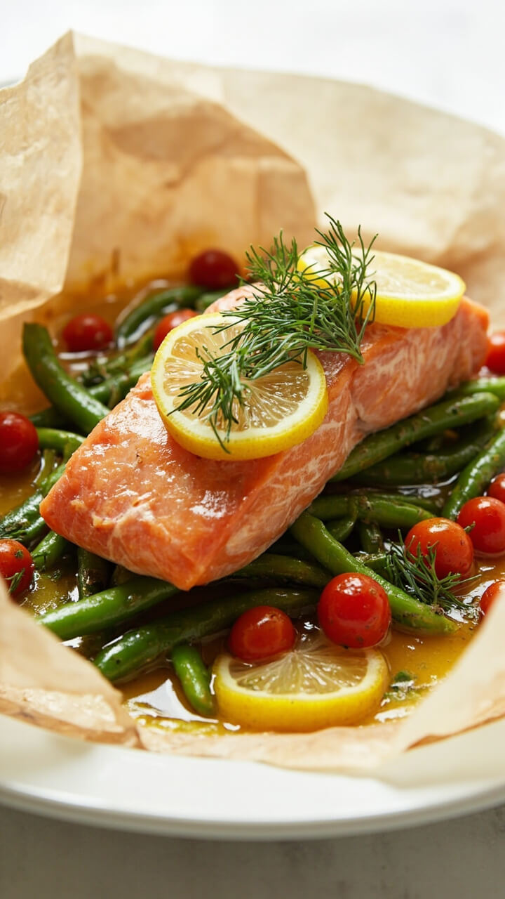 A parchment paper packet cut open to reveal a pink salmon fillet covered in fresh dill, parsley, and thin lemon slices, set on a bed of green beans and cherry tomatoes. All juices steaming around the fish; served on a ceramic plate, surrounded by a mess-free, elegant vibe.