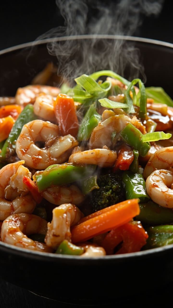 A deep bowl or wide plate filled with vibrant, sautéed mixed veggies and pink shrimp in a glossy brown stir-fry sauce, finished with sliced green onions. A deep bowl or wide plate filled with vibrant, sautéed mixed veggies and pink shrimp in a glossy brown stir-fry sauce, finished with sliced green onions.