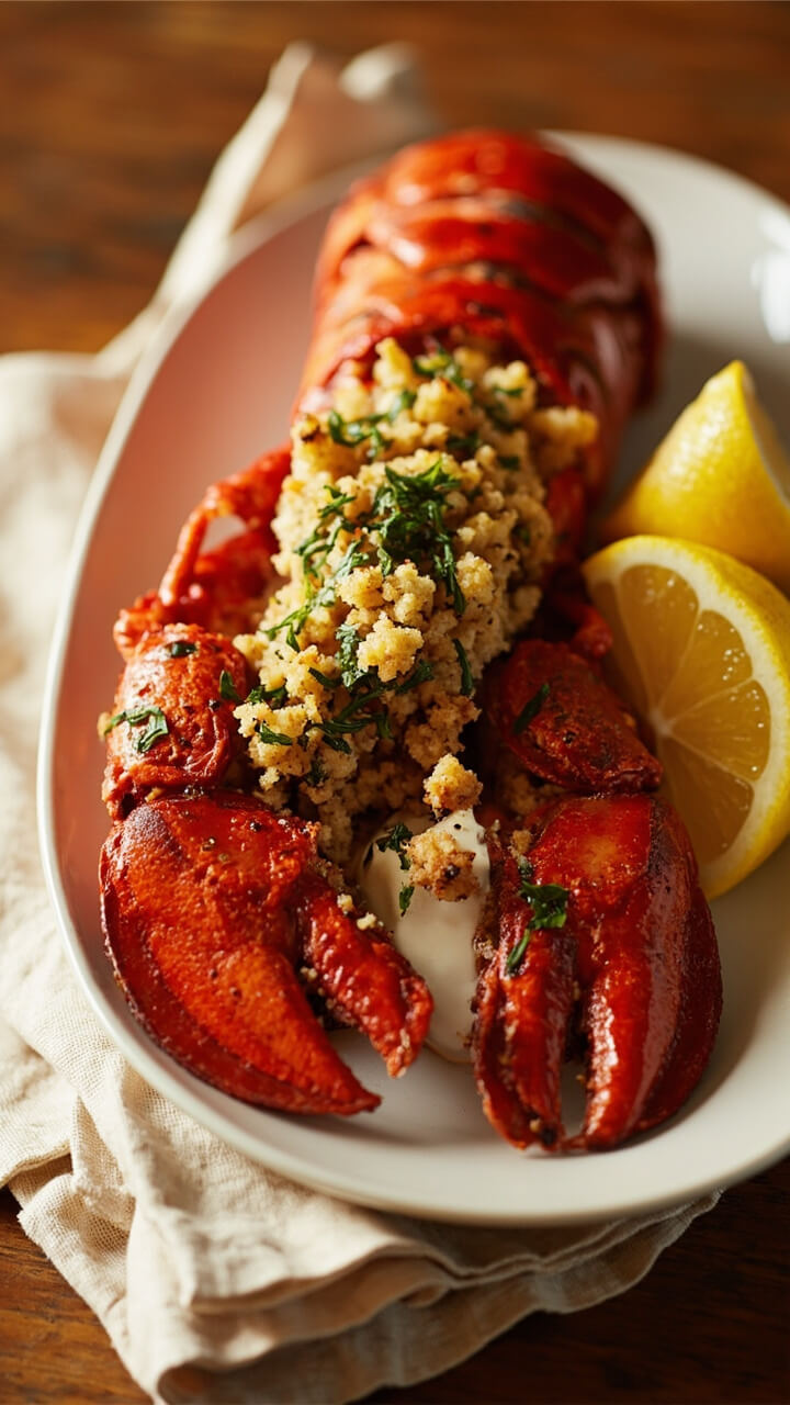 A whole lobster split open with golden breadcrumb stuffing, fresh herbs sprinkled on top, lemon wedges arranged on a white platter, and a soft cloth napkin alongside. The bright red shell contrasts with herby green flecks and toasty brown crumbs.