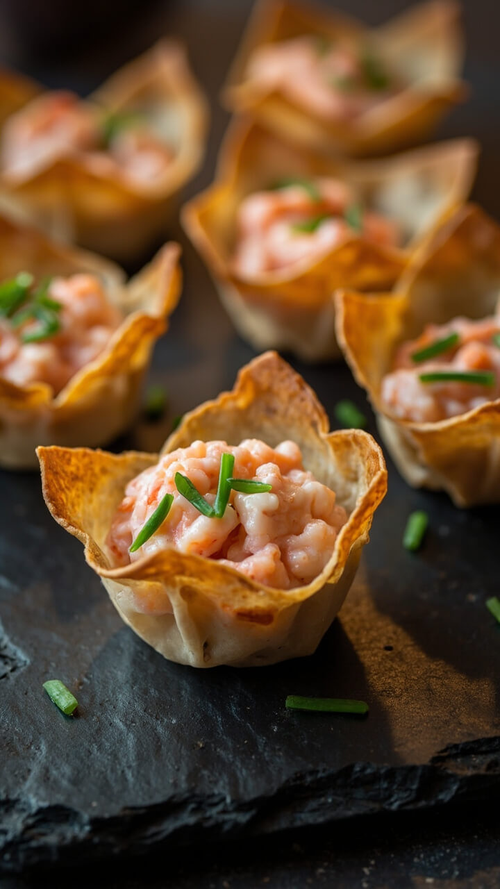 Mini muffin tin wonton cups filled with creamy pink shrimp and chive filling, edges golden and crisp, sprinkled with sliced chives on a slate serving board. Mini muffin tin wonton cups filled with creamy pink shrimp and chive filling, edges golden and crisp, sprinkled with sliced chives on a slate serving board.