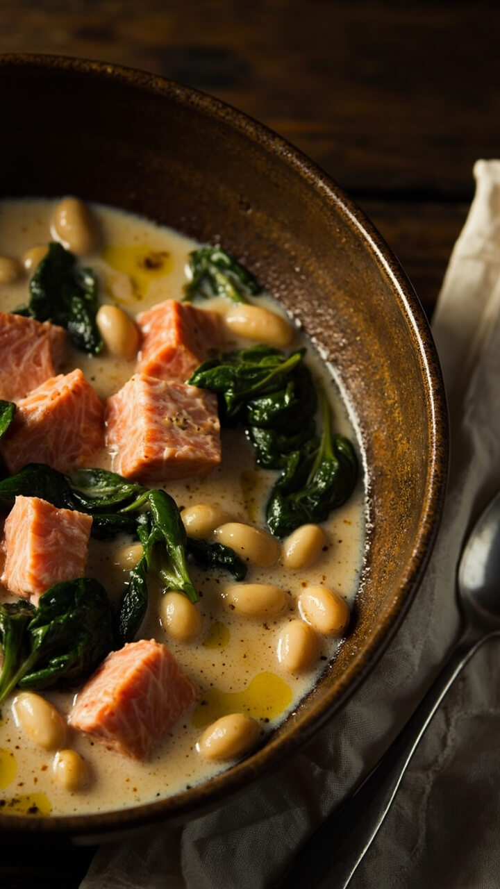 A deep ceramic bowl filled with chunks of pink salmon, creamy white beans, baby spinach leaves, and a pale, creamy broth swirled with olive oil. A spoon rests on a linen napkin next to it.