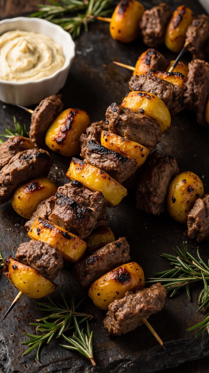 Grilled skewers alternating chunks of skirt steak and golden mini potatoes, served over a rustic slate board with a scattering of fresh rosemary and a bowl of garlic aioli on the side. Grilled skewers alternating chunks of skirt steak and golden mini potatoes, served over a rustic slate board with a scattering of fresh rosemary and a bowl of garlic aioli on the side.