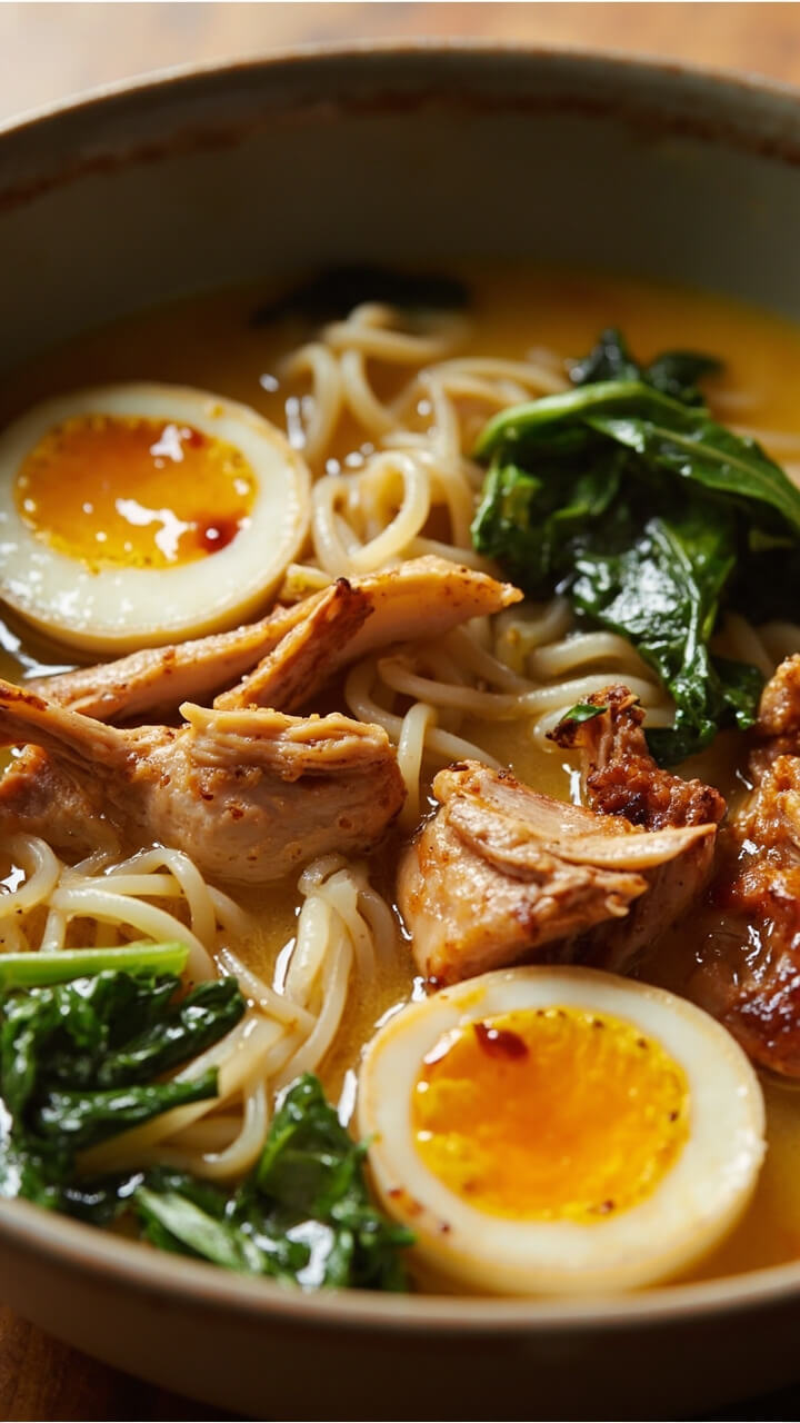 Thick, pale yellow broth wrapped around ramen noodles, shredded rotisserie chicken, ribbons of spinach, and halved soft-boiled eggs, all nestled in a simple, wide ceramic bowl. Thick, pale yellow broth wrapped around ramen noodles, shredded rotisserie chicken, ribbons of spinach, and halved soft-boiled eggs, all nestled in a simple, wide ceramic bowl.