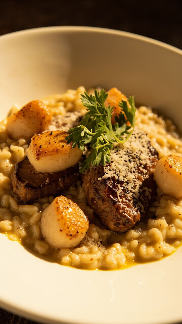 A shallow white bowl of creamy risotto topped with seared steak slices and three golden scallops. A sprinkle of parmesan, cracked pepper, and sprigs of parsley finish the dish. A shallow white bowl of creamy risotto topped with seared steak slices and three golden scallops. A sprinkle of parmesan, cracked pepper, and sprigs of parsley finish the dish.