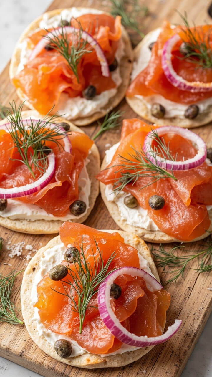Thin flatbreads spread with cream cheese, topped with layers of smoked salmon, capers, thinly sliced red onion, and sprigs of fresh dill, baked until just warm and served on a big wood cutting board.