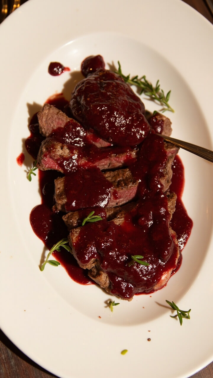 Sliced skirt steak on a white dinner plate, trophy-shaped next to a generous spoonful of glossy red wine mushroom sauce. A few sprigs of fresh thyme for garnish. Sliced skirt steak on a white dinner plate, trophy-shaped next to a generous spoonful of glossy red wine mushroom sauce. A few sprigs of fresh thyme for garnish.