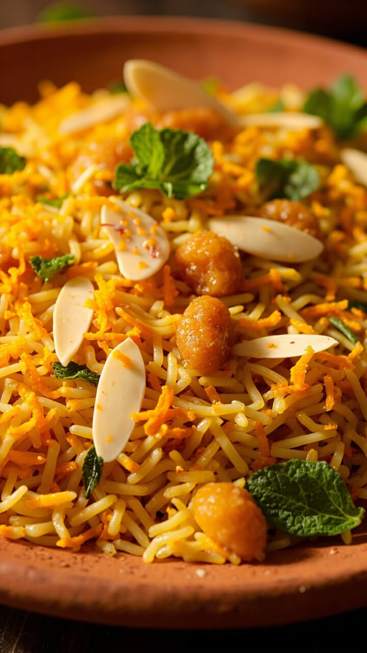 A colorful terracotta platter piled with saffron-hued rice, golden raisins, slivered almonds, orange zest, and chopped fresh mint. Each ingredient is easily visible for a jewel-toned effect.