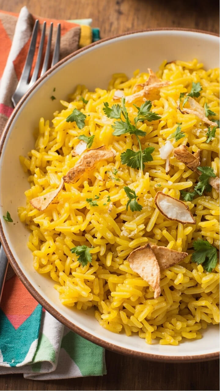 A wide, shallow bowl filled with saffron-yellow rice, glistening and fluffy, sprinkled with chopped cilantro and toasted coconut flakes. A silver fork and bright napkin at the side complete the look.