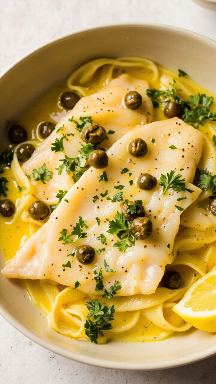 A shallow pasta bowl with cod fillets in a glossy lemon-caper sauce, sprinkled with chopped parsley. Broad pasta noodles sit underneath, ready to soak up the sauce, and a wedge of lemon sits at the edge.