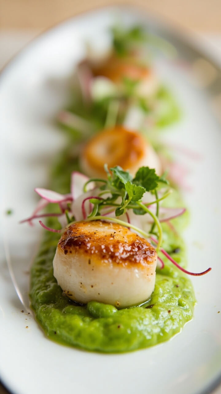 Perfectly seared scallops arranged in a row on a vibrant green pea purée spread across a white oval plate, sprinkled with microgreens and a few thin shavings of radish.