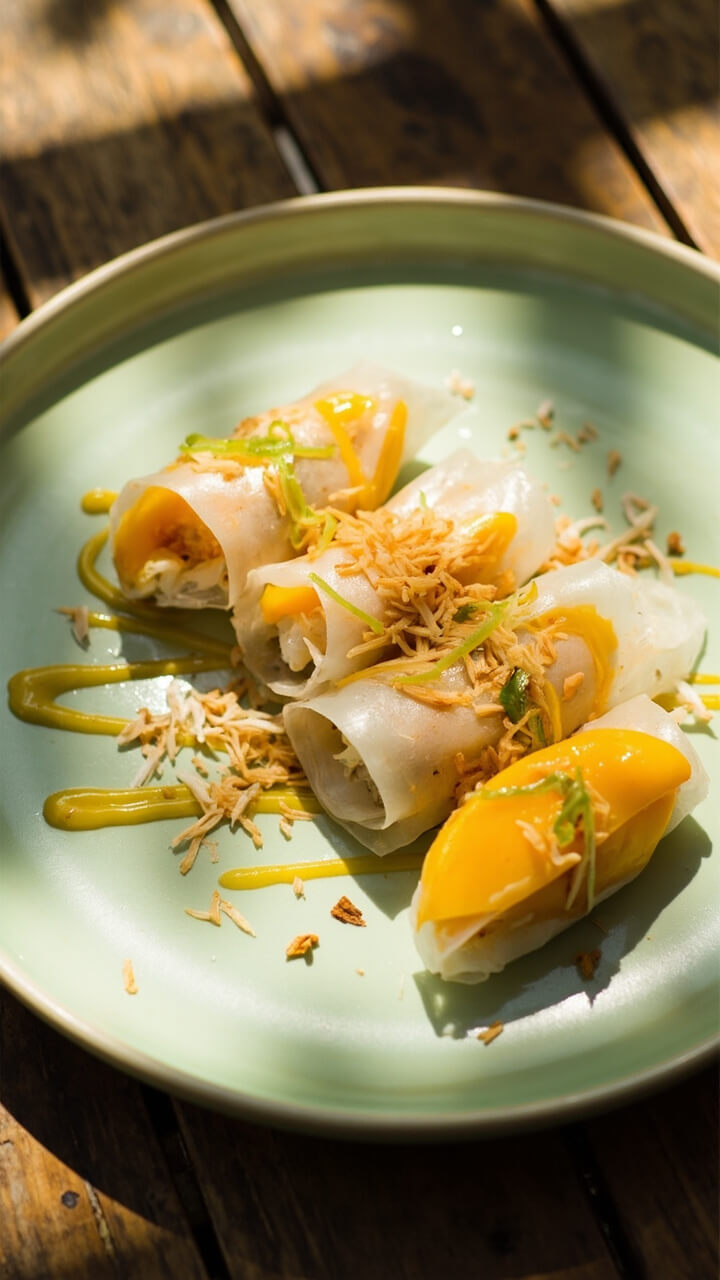 Bright mango and white coconut-filled rice paper rolls are cut at an angle on a pale green plate, with a light syrup drizzle and a dusting of toasted coconut. Lime zest is sprinkled over the top.