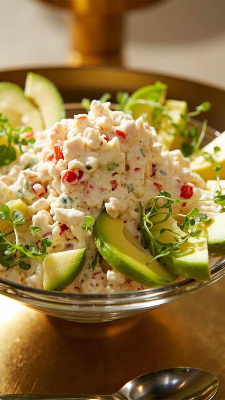 A mound of creamy crab salad, flecked with diced cucumber and red pepper, arranged in a glass bowl with avocado fans and microgreens, a small spoon perched on the side.