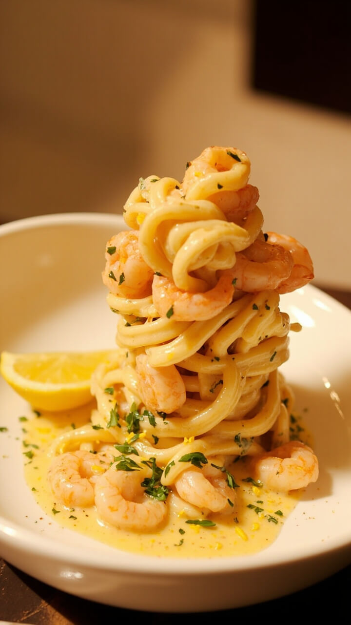A round white bowl with linguine twirled high, shrimp arranged on top and creamy garlic-lemon sauce pooling below. Lemon zest and chopped parsley add brightness, and a wedge of lemon sits on the side. A round white bowl with linguine twirled high, shrimp arranged on top and creamy garlic-lemon sauce pooling below. Lemon zest and chopped parsley add brightness, and a wedge of lemon sits on the side.