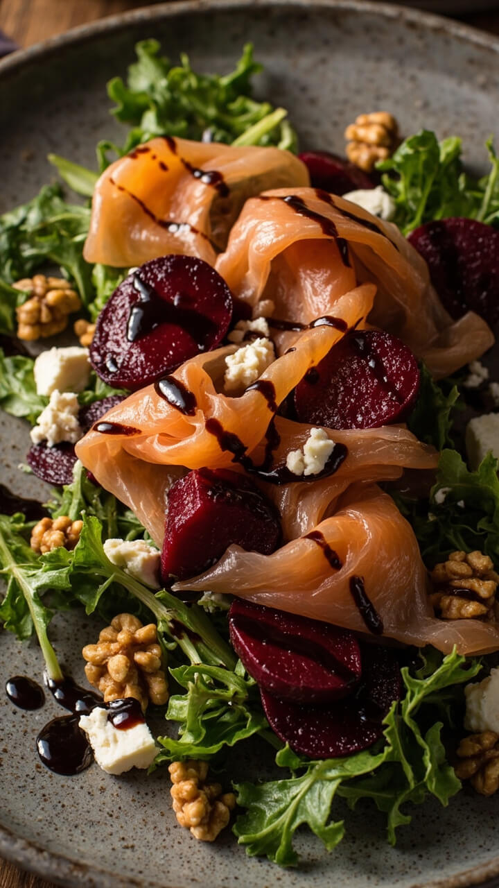 Sliced roasted beets on a bed of baby greens, topped with smoked salmon folds, goat cheese crumbles, walnut pieces, and a drizzle of balsamic vinaigrette on a grey stoneware plate.