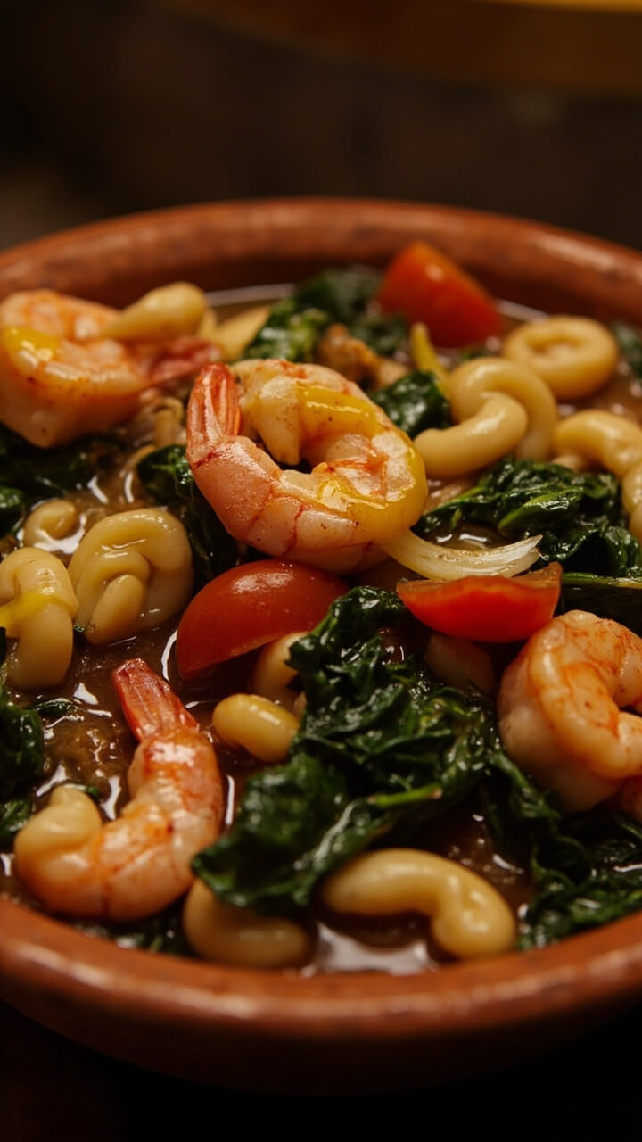 A rustic ceramic bowl brimming with thick stew—plump shrimp, creamy white beans, wilted kale, and chunks of tomato in a brothy base. Finished with a swirl of olive oil.