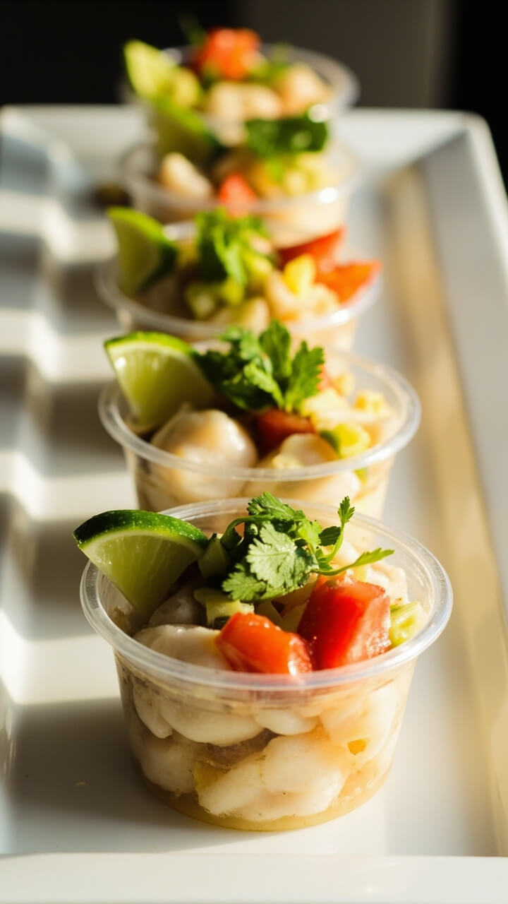 Small clear cups filled with scallop ceviche, dotted with diced avocado, tomatoes, cilantro, and a lime wedge on the rim, organized neatly on a rectangular white tray. Small clear cups filled with scallop ceviche, dotted with diced avocado, tomatoes, cilantro, and a lime wedge on the rim, organized neatly on a rectangular white tray.