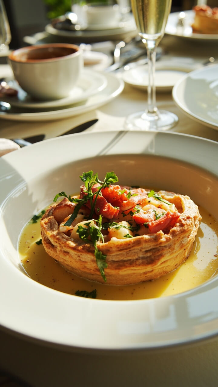 Wide, shallow white bowl with puff pastry shell, filled with creamy lobster Newburg, sauce pooling around, and sprinkled with chopped parsley, surrounded by festive brunch tableware. Wide, shallow white bowl with puff pastry shell, filled with creamy lobster Newburg, sauce pooling around, and sprinkled with chopped parsley, surrounded by festive brunch tableware.