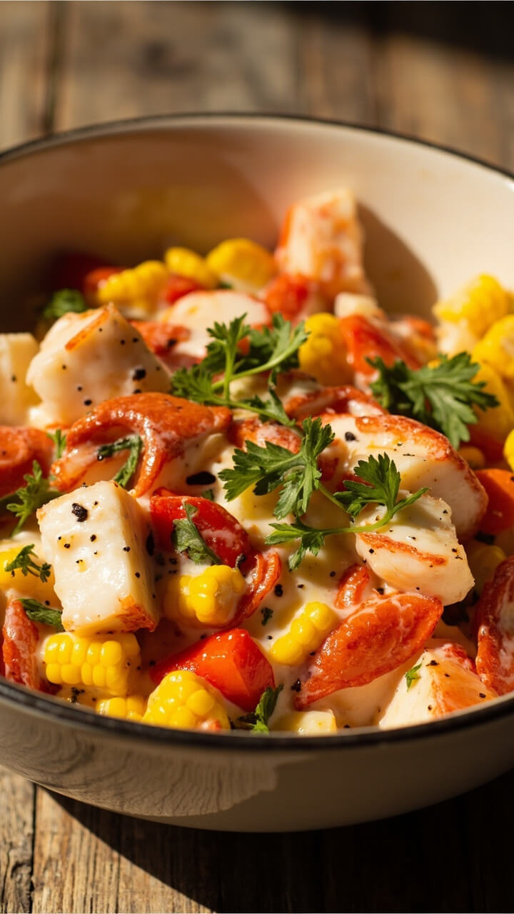 Bright salad bowl with lobster chunks, kernels of fresh sweet corn, diced red bell pepper, chopped green onions, and a light creamy dressing, garnished with parsley on a summer table.
