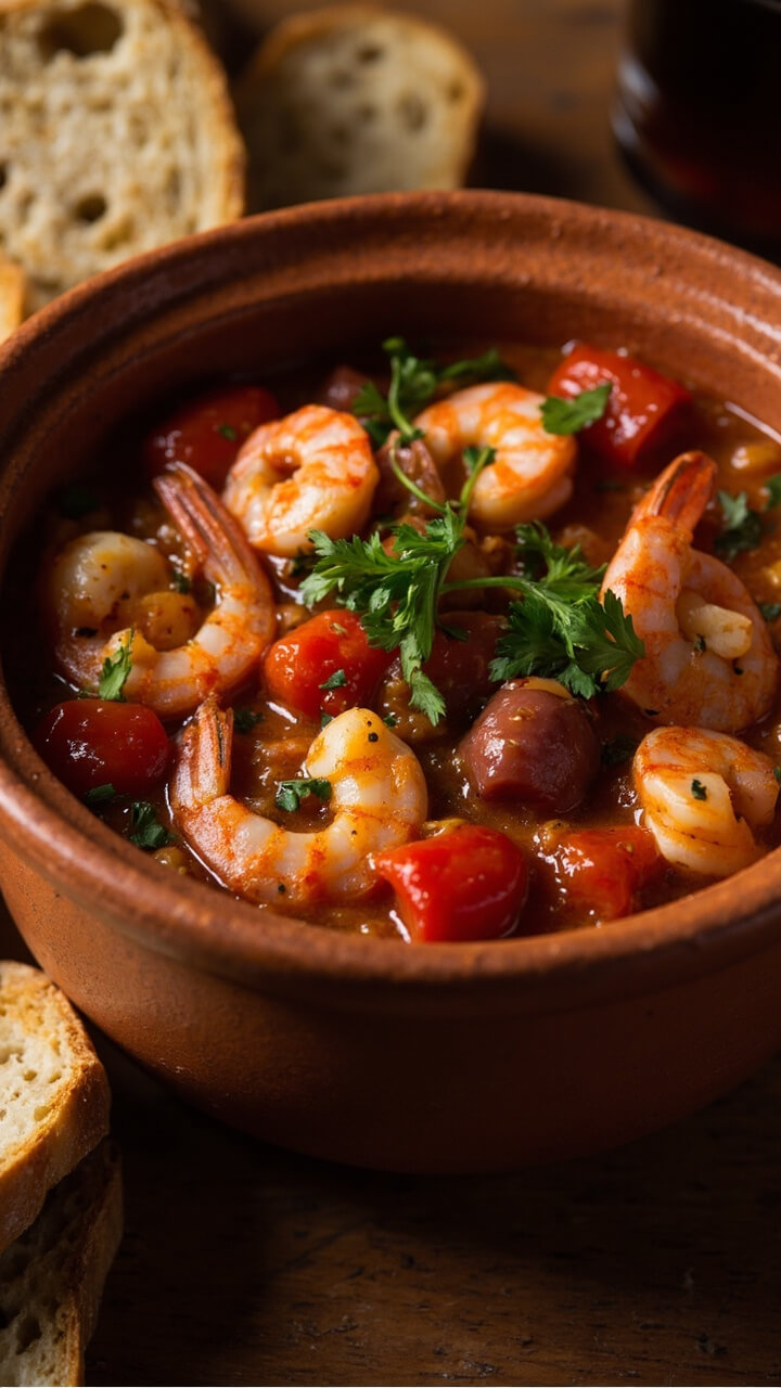 A rustic terracotta bowl heaped with hearty stew—shrimp, chunky tomatoes, sliced chorizo, and bright green parsley. Slices of rustic bread off to the side.